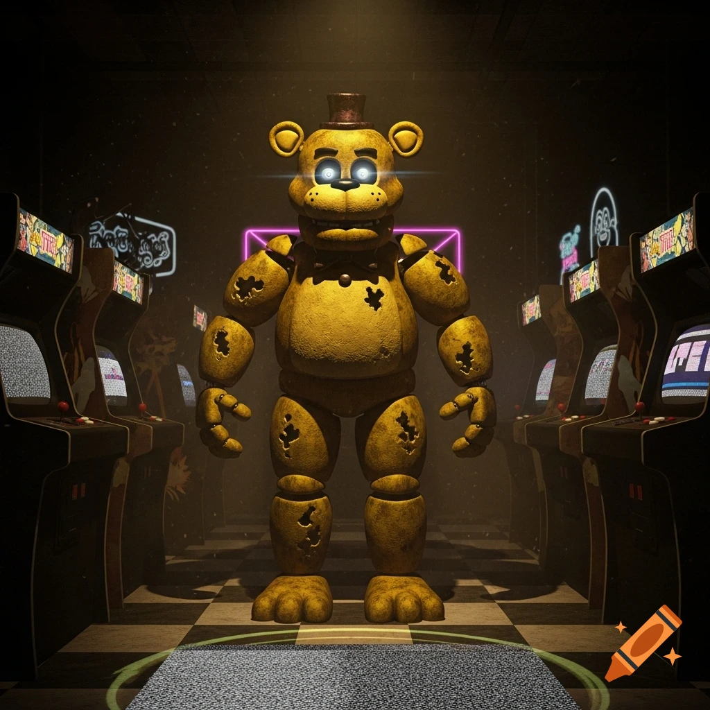 A golden animatronic bear with glowing eyes and a top hat stands in a dimly lit arcade among vintage game machines.