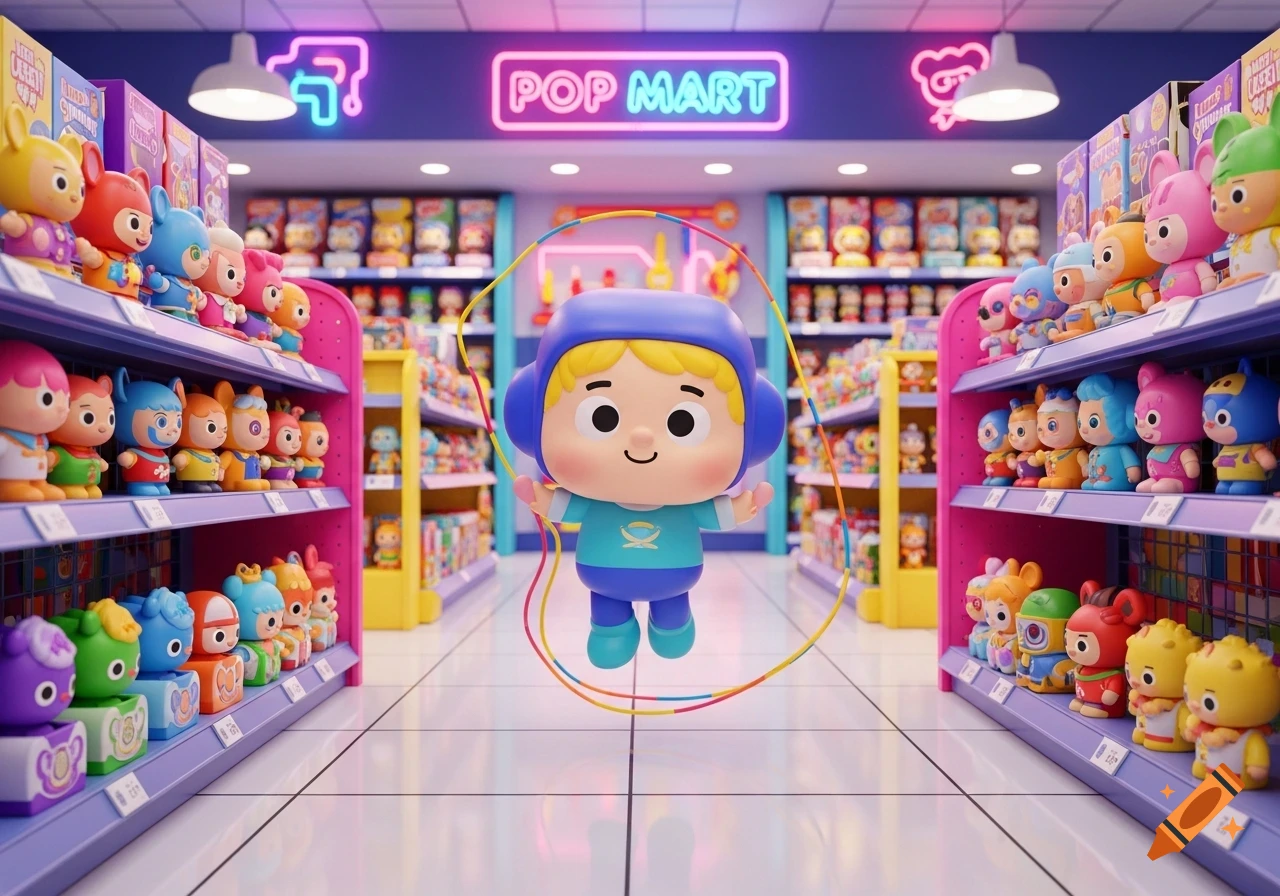 A cute stylized toy character with a blue helmet and turquoise shirt jump-roping in a brightly lit Pop Mart toy store, surrounded by shelves of colorful collectible toys.