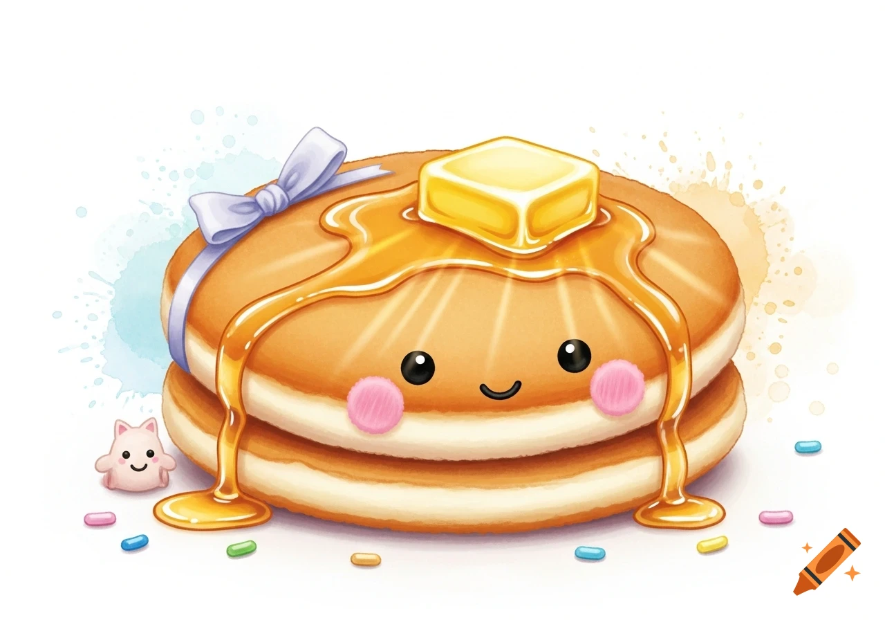 Cute kawaii pancakes with a face, butter, syrup, a bow, sprinkles, and a small cat figure.