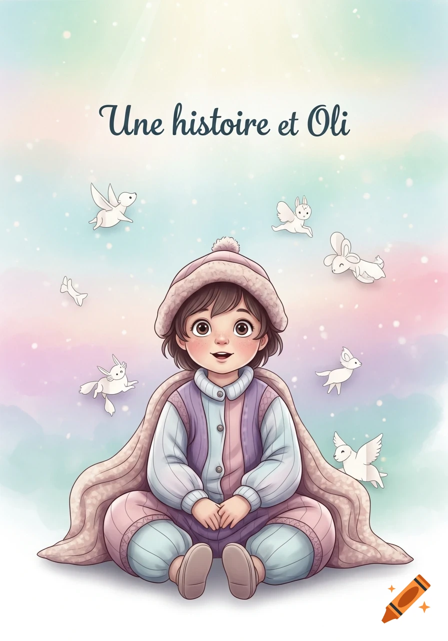 Pastel illustration of a smiling child in winter clothes, under a blanket, with flying fantasy animals and text 'Une histoire et Oli'.
