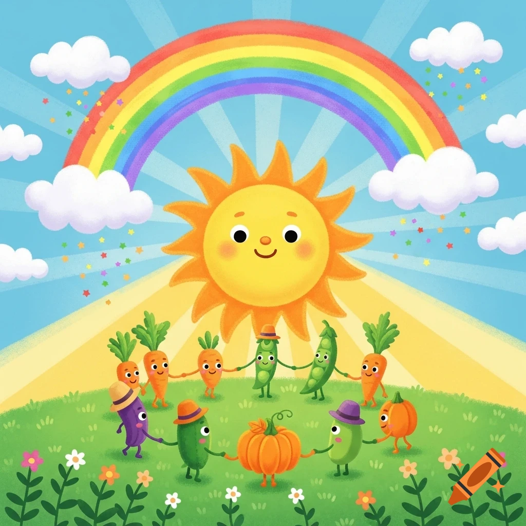 A cheerful, kid-friendly illustration of a smiling sun and happy cartoon vegetables holding hands in a circle on a grassy field under a rainbow.