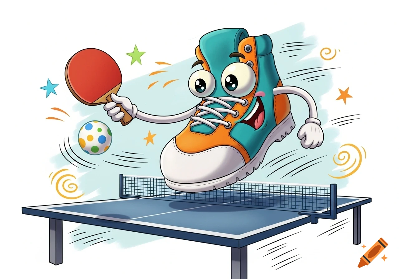 A vibrant cartoon shoe with a face and arms jumps while playing ping pong on a blue table tennis table.