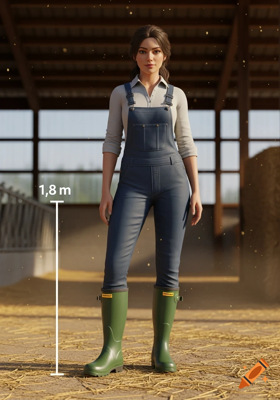 Photorealistic image of a slender brown-haired woman, 1.8m tall, in blue overalls and green Dunlop rubber boots, standing in a barn.
