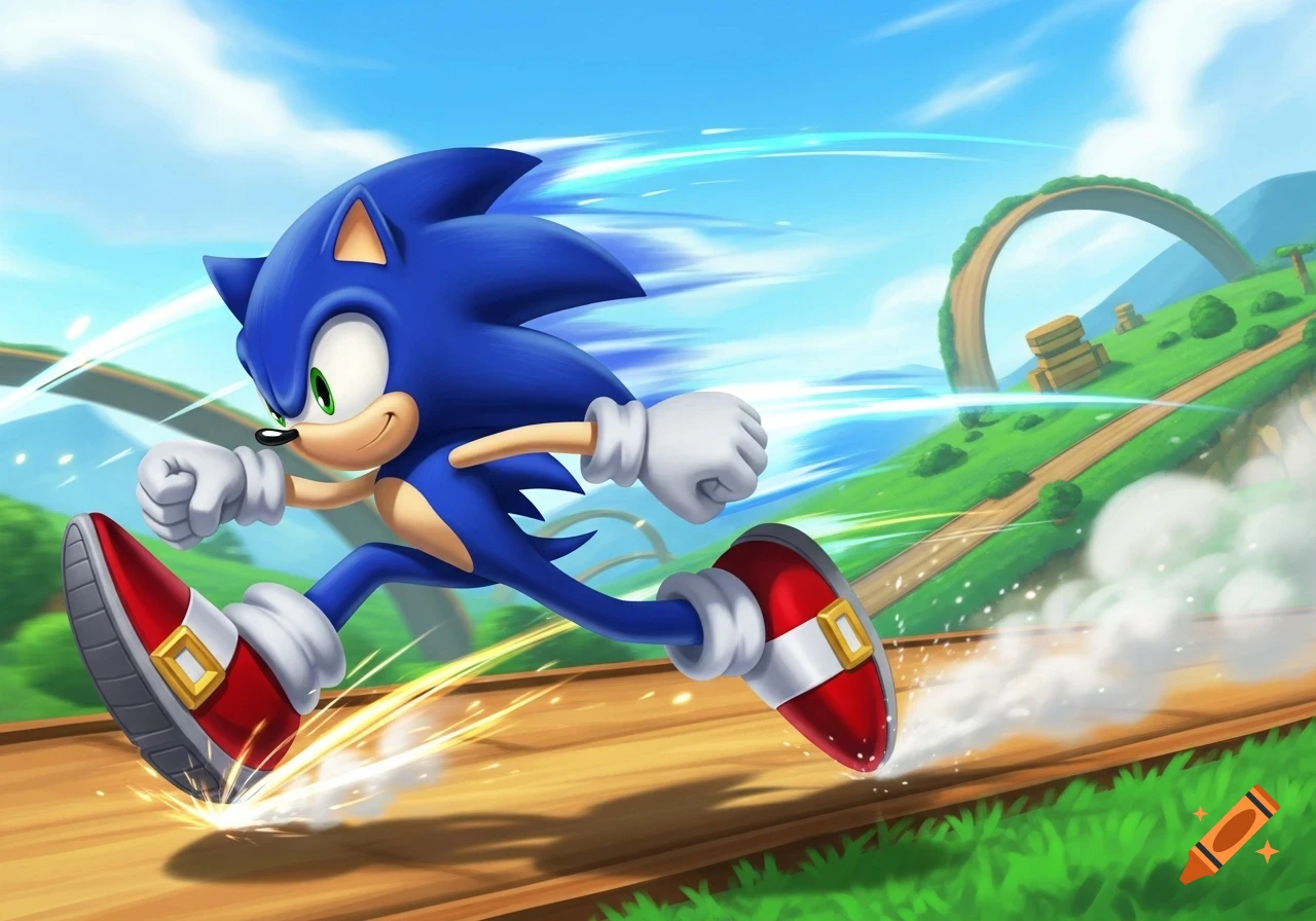 Sonic the Hedgehog runs rapidly on a dirt path, leaving a trail of speed and dust in a vibrant, cartoonish green landscape with a large loop.