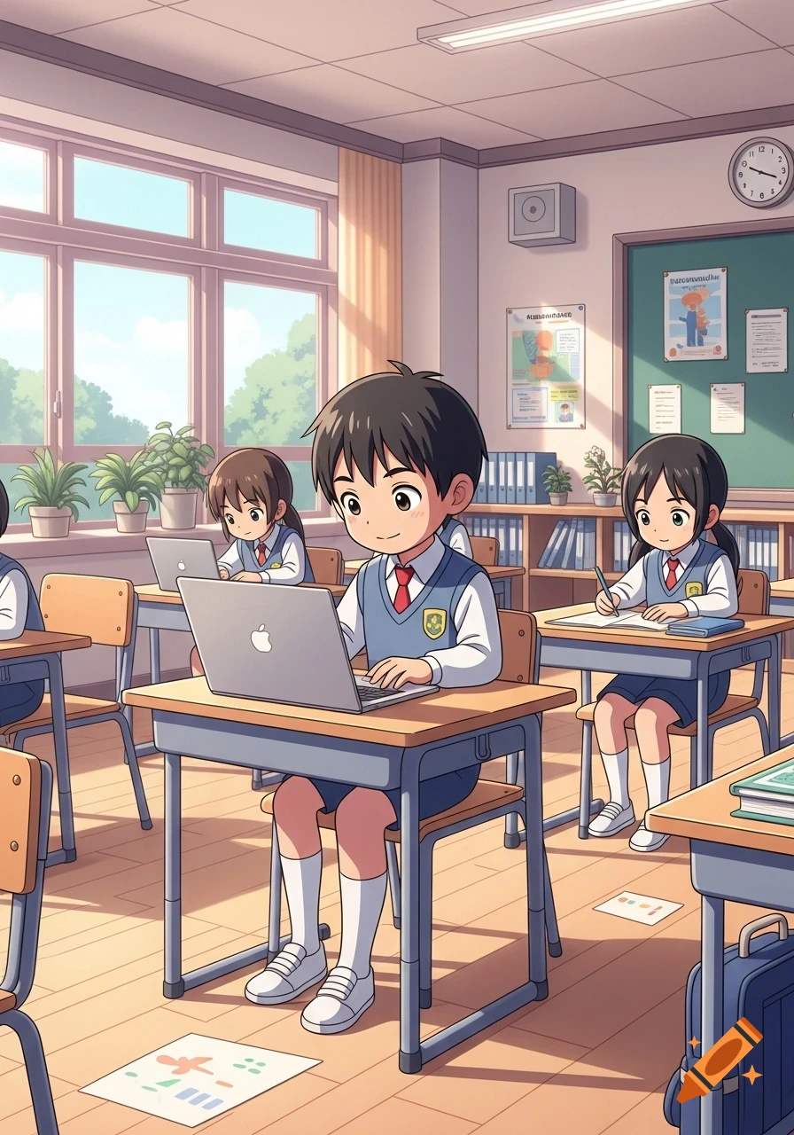 Anime-style students in a bright classroom, a boy on a laptop and a girl writing at their desks.