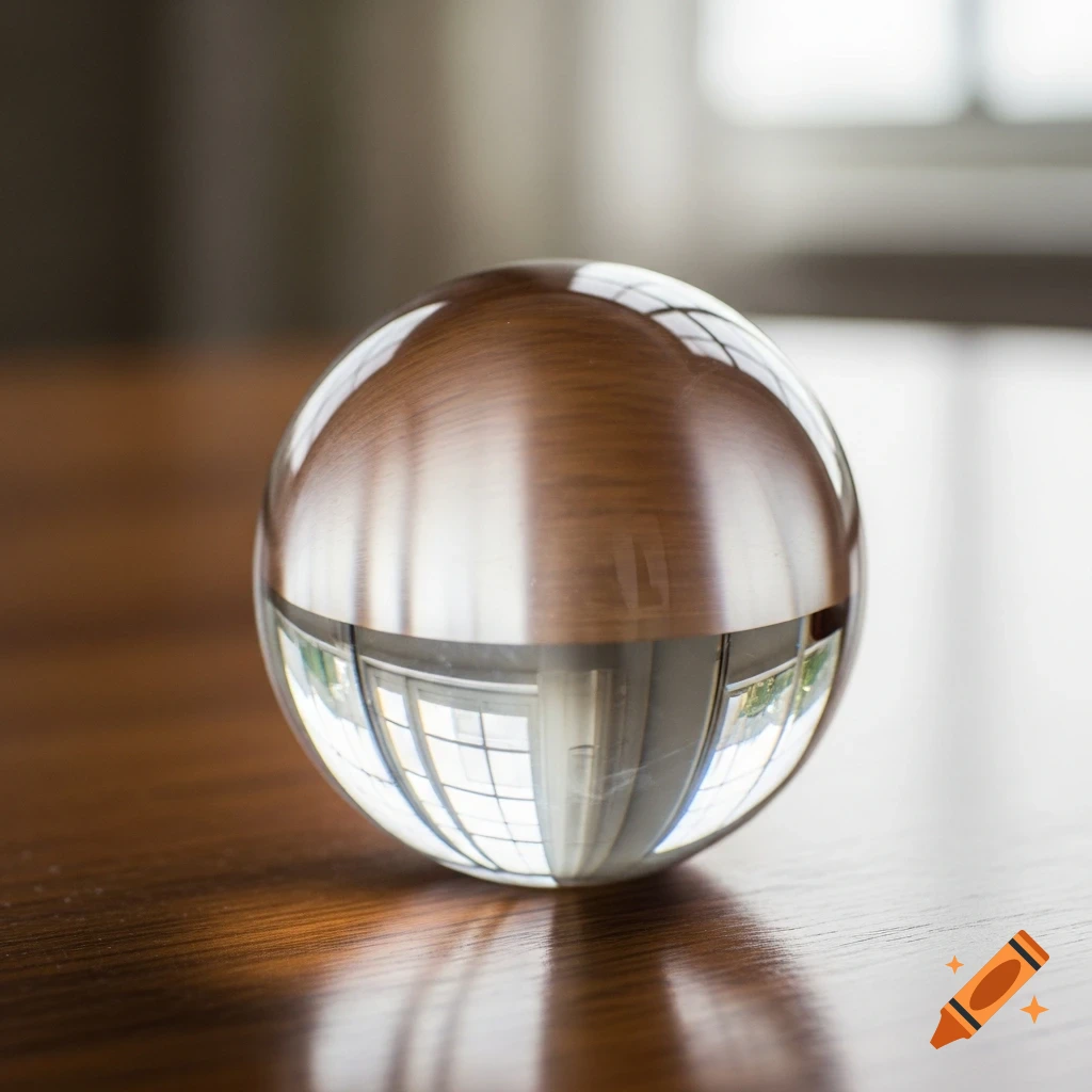 A clear glass sphere sits on a polished wooden table, reflecting an inverted image of a room with a window.