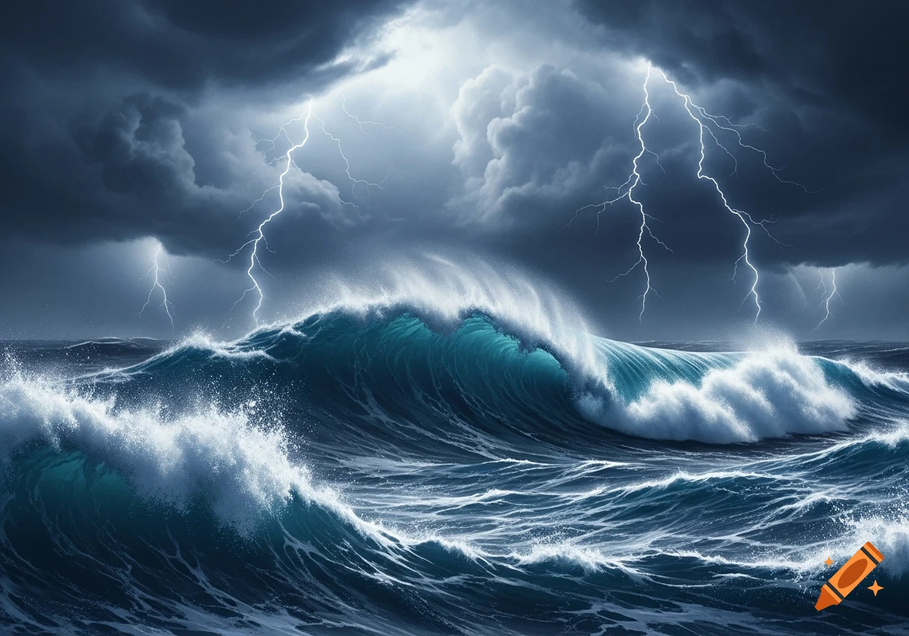 A dramatic, photorealistic scene of a stormy ocean with huge, powerful waves crashing under dark, cloud-filled skies illuminated by bright lightning strikes.