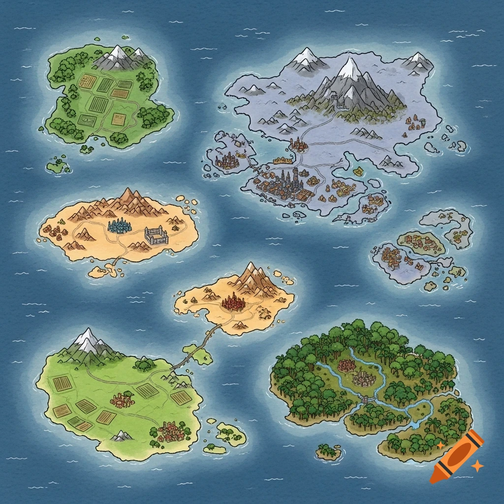 Hand-drawn fantasy world map featuring multiple stylized islands with diverse terrain and settlements in a blue ocean.