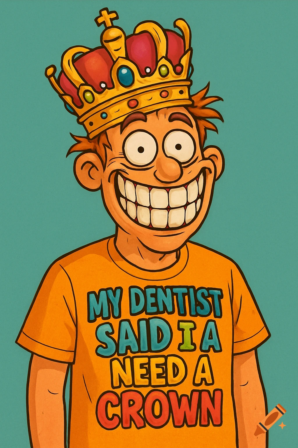 A cartoon man with a wide smile wears a golden crown and an orange t-shirt that says 'MY DENTIST SAID I NEED A CROWN'.