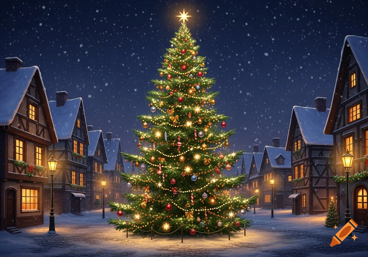 A brightly lit Christmas tree stands in a snowy village square at night, surrounded by quaint houses and street lamps.