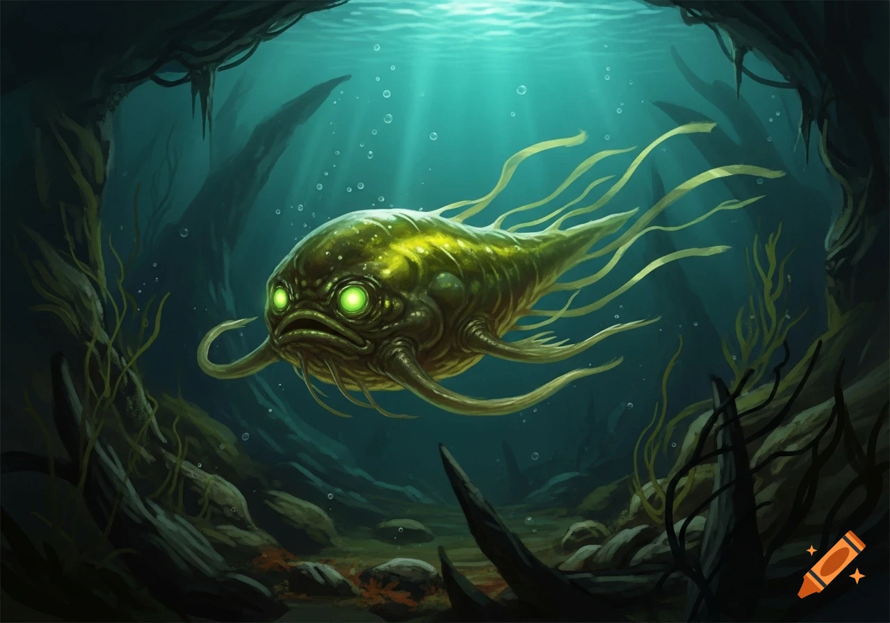 A grotesque green slime fish with glowing eyes floats in a dark ...