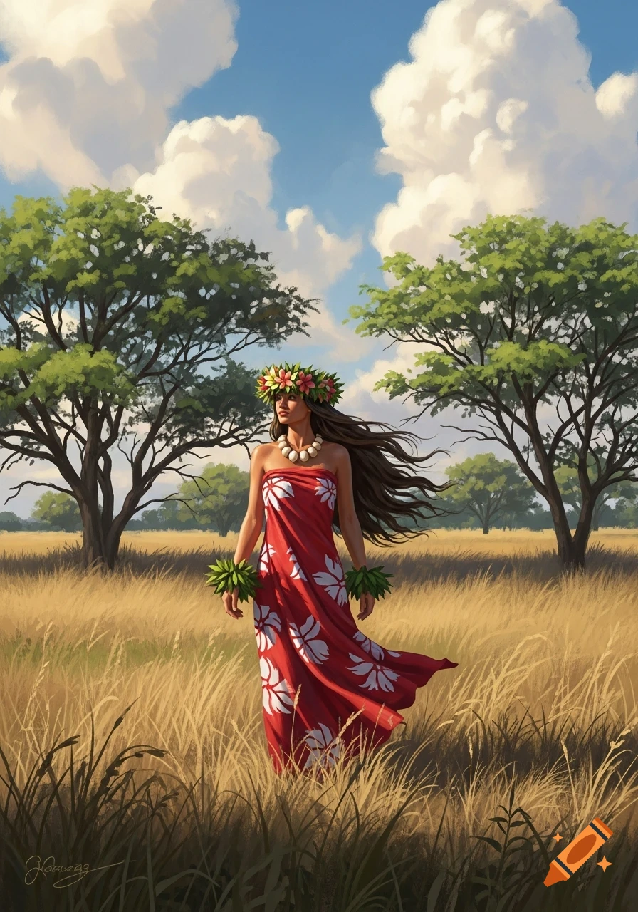 A woman in a red and white sarong, flower lei, and armlets stands in a field with trees under a cloudy blue sky.