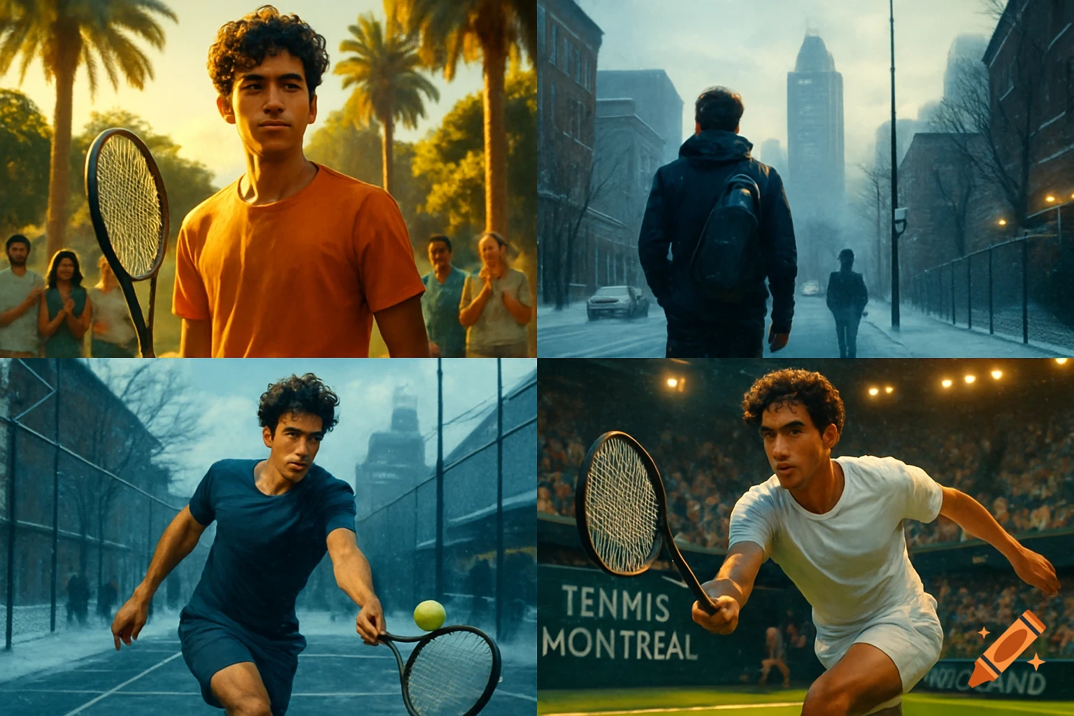 A 2x2 grid featuring a young male tennis player across different scenes: a sunny park, a snowy city street, and two tennis courts, one with "TENNIS MONTREAL" visible.