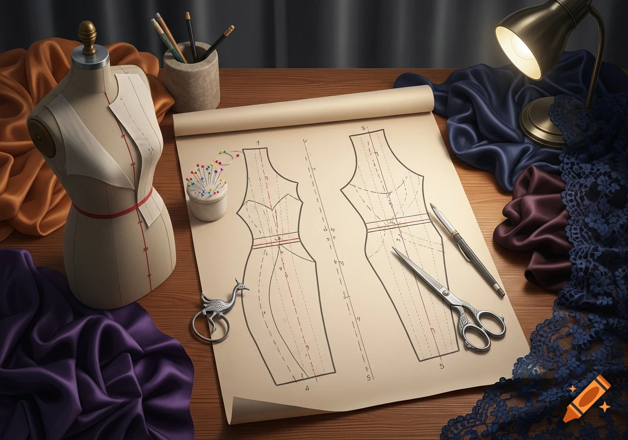 A sewing workstation with a dress form, colorful fabrics, a paper sewing pattern, tools, and a lit desk lamp.