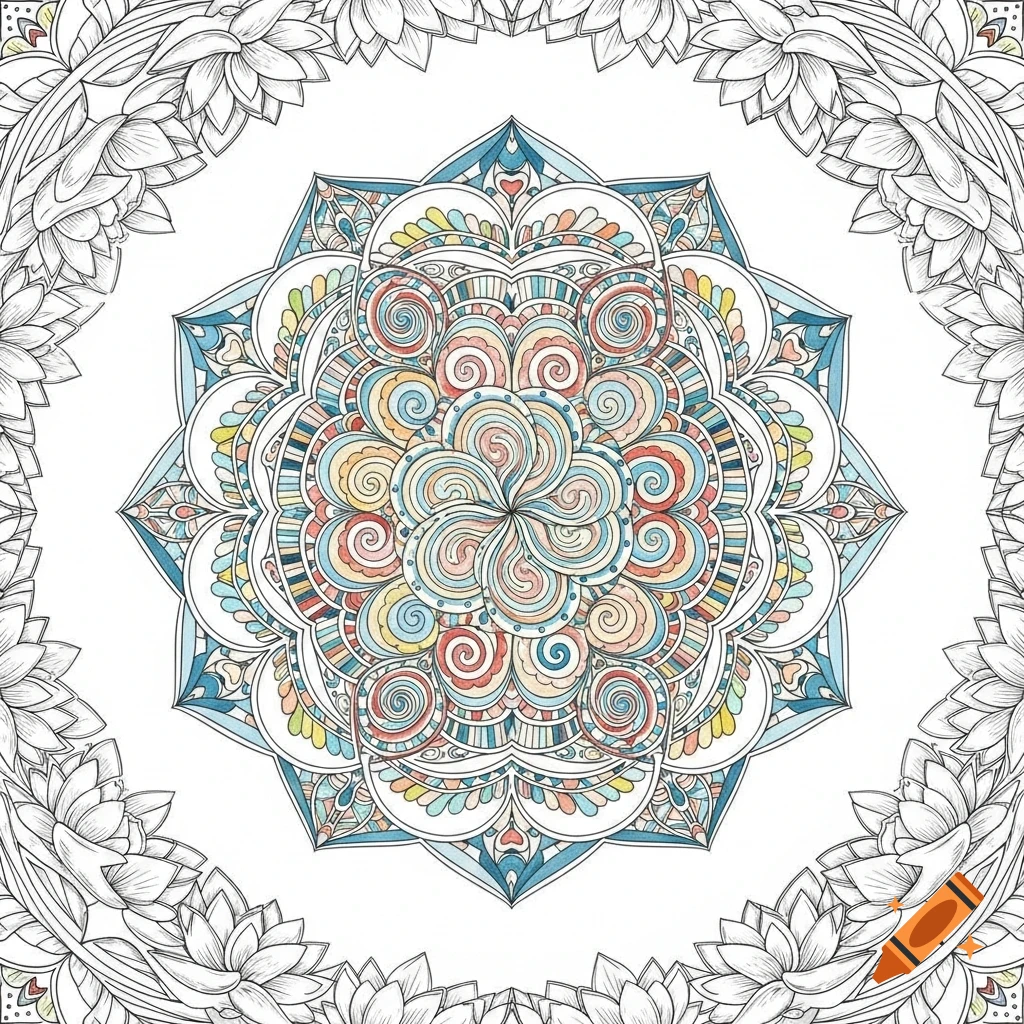 A detailed mandala pattern with a colorful, intricate center and an uncolored floral border on a white background.