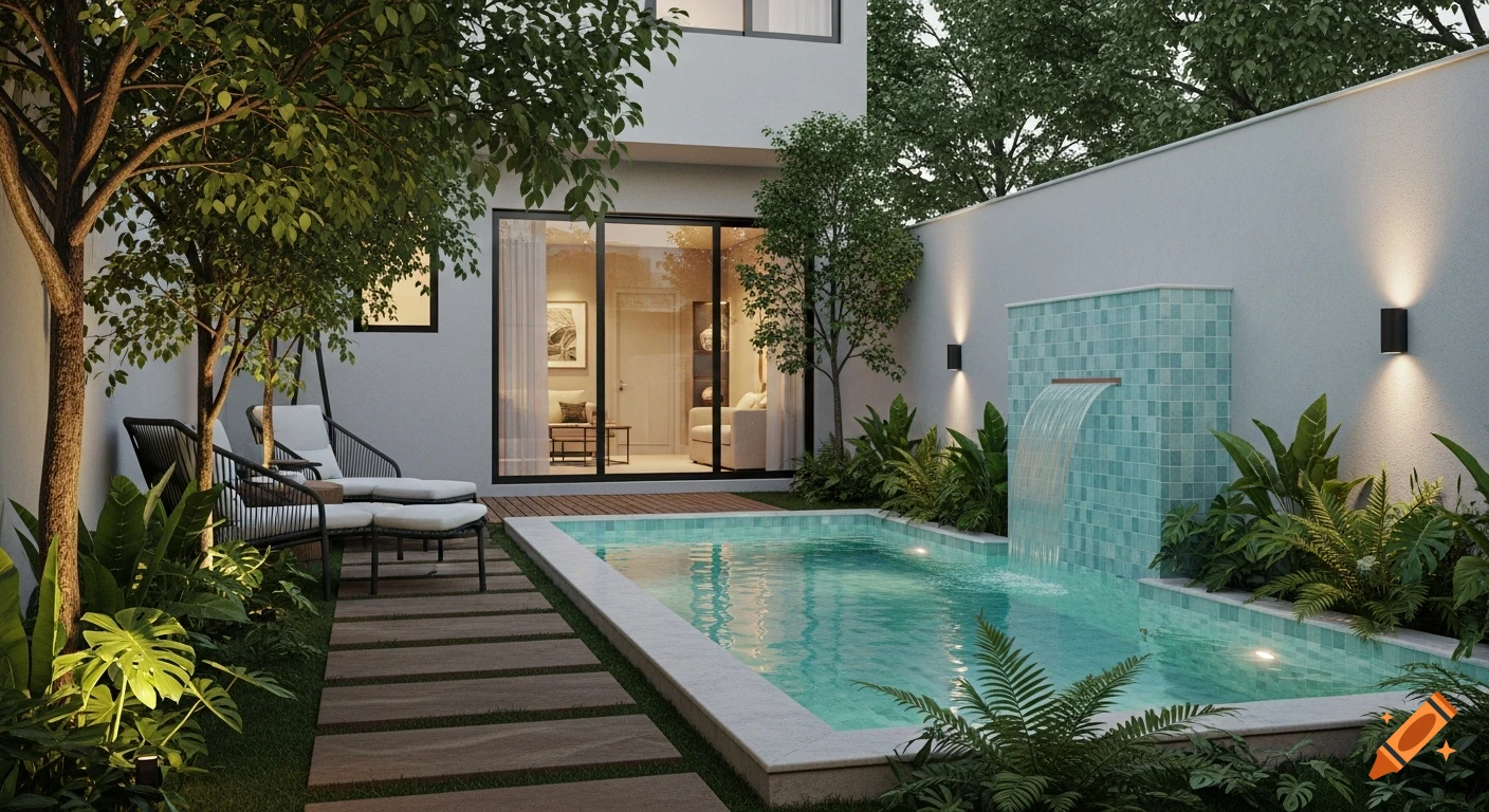A modern backyard features a small swimming pool with a tiled waterfall, lush greenery, lounge chairs, and soft lighting at dusk.