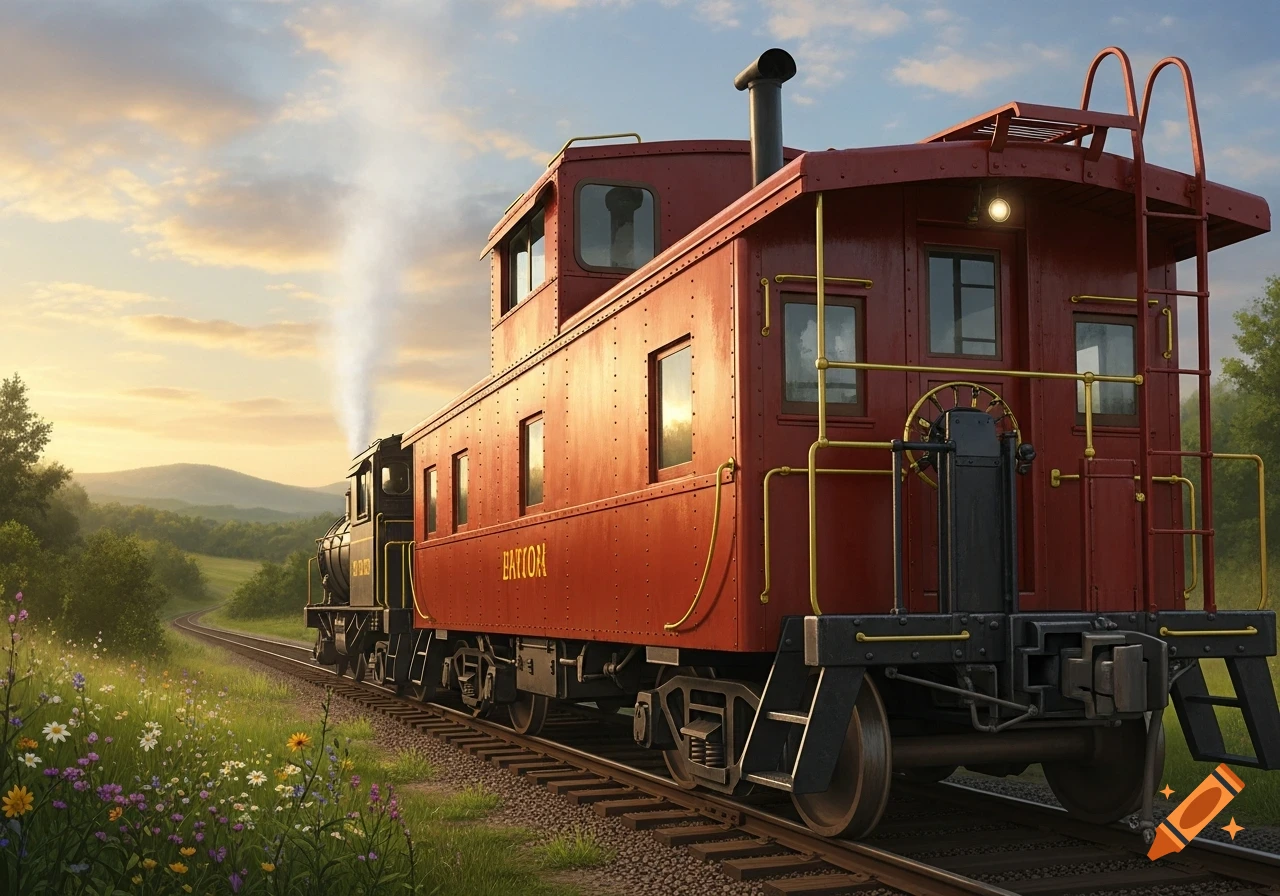 A vintage red caboose and a black train engine travel on a track through a vibrant green, flowery landscape at sunset.