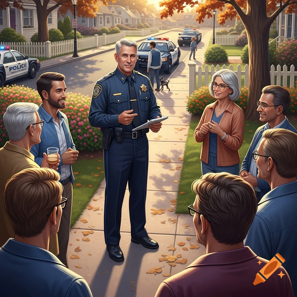 A police officer in uniform talks to a diverse group of residents on a sunny sidewalk in a suburban neighborhood.