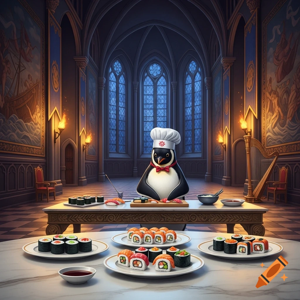 A cartoon penguin chef in a chef's hat and bow tie prepares sushi in a lavish, gothic castle hall with stained glass windows and tapestries.