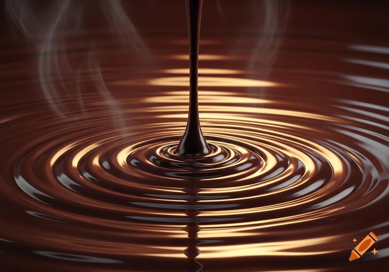 Photorealistic shot of dark molten chocolate dripping into a pool, creating concentric ripples and wisps of steam.