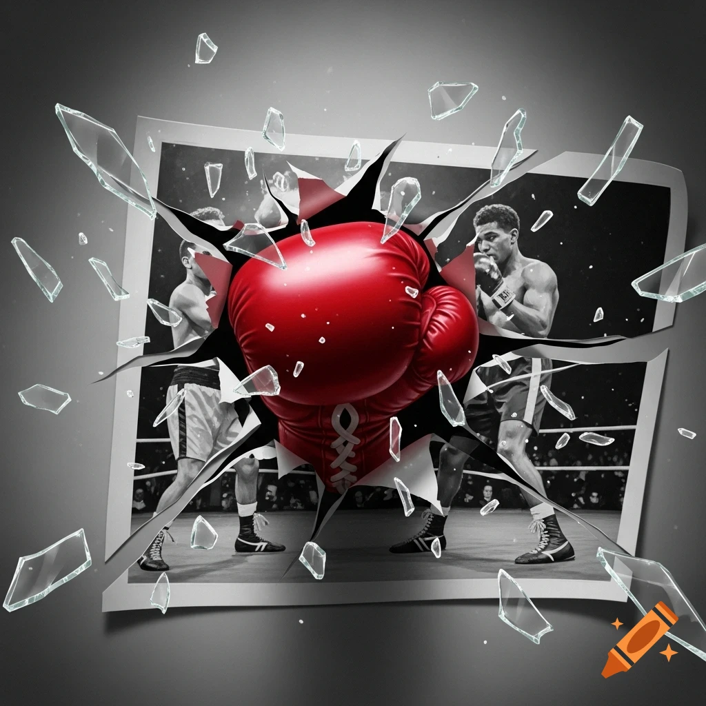 A vibrant red boxing glove punches through a black and white photograph of two boxers in a ring, shattering glass around the impact.