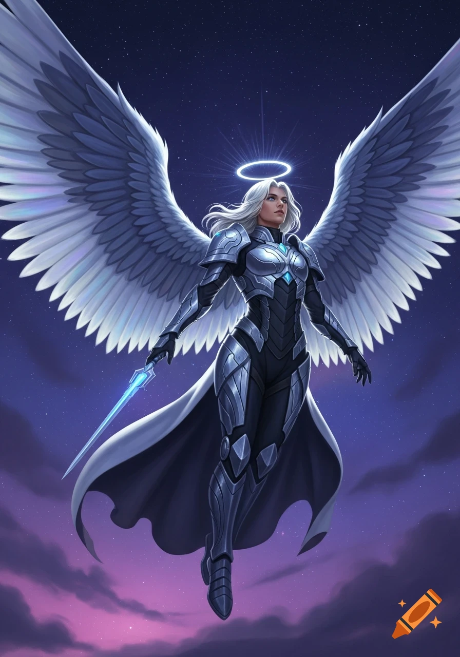 An angelic warrior woman with white hair, silver armor, and large white wings holds a glowing blue sword, hovering against a starry, purple sky.