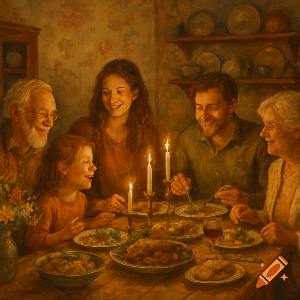 A warm, painterly depiction of a multi-generational family (grandparents, parents, child) smiling and eating dinner by candlelight.