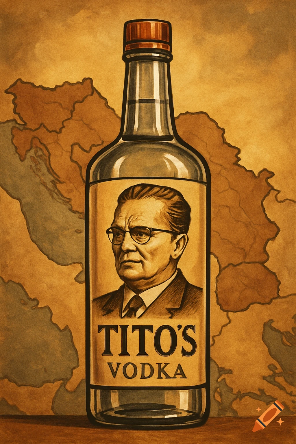 A stylized illustration of a Tito's Vodka bottle featuring Josip Broz Tito's face as the label, set against a map background.