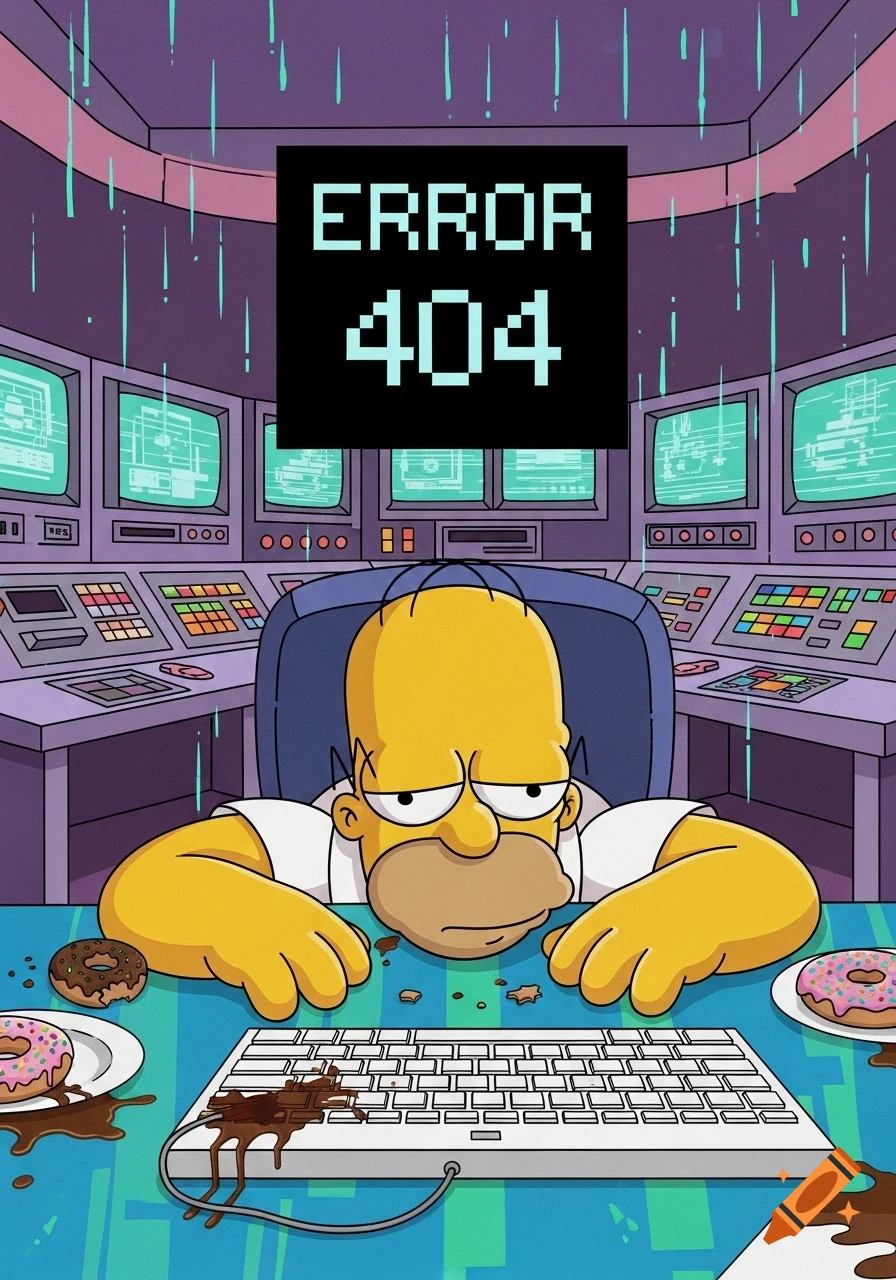 Homer Simpson looks frustrated with his head on a desk in a control room, an 'ERROR 404' message on a screen, and spilled donuts.