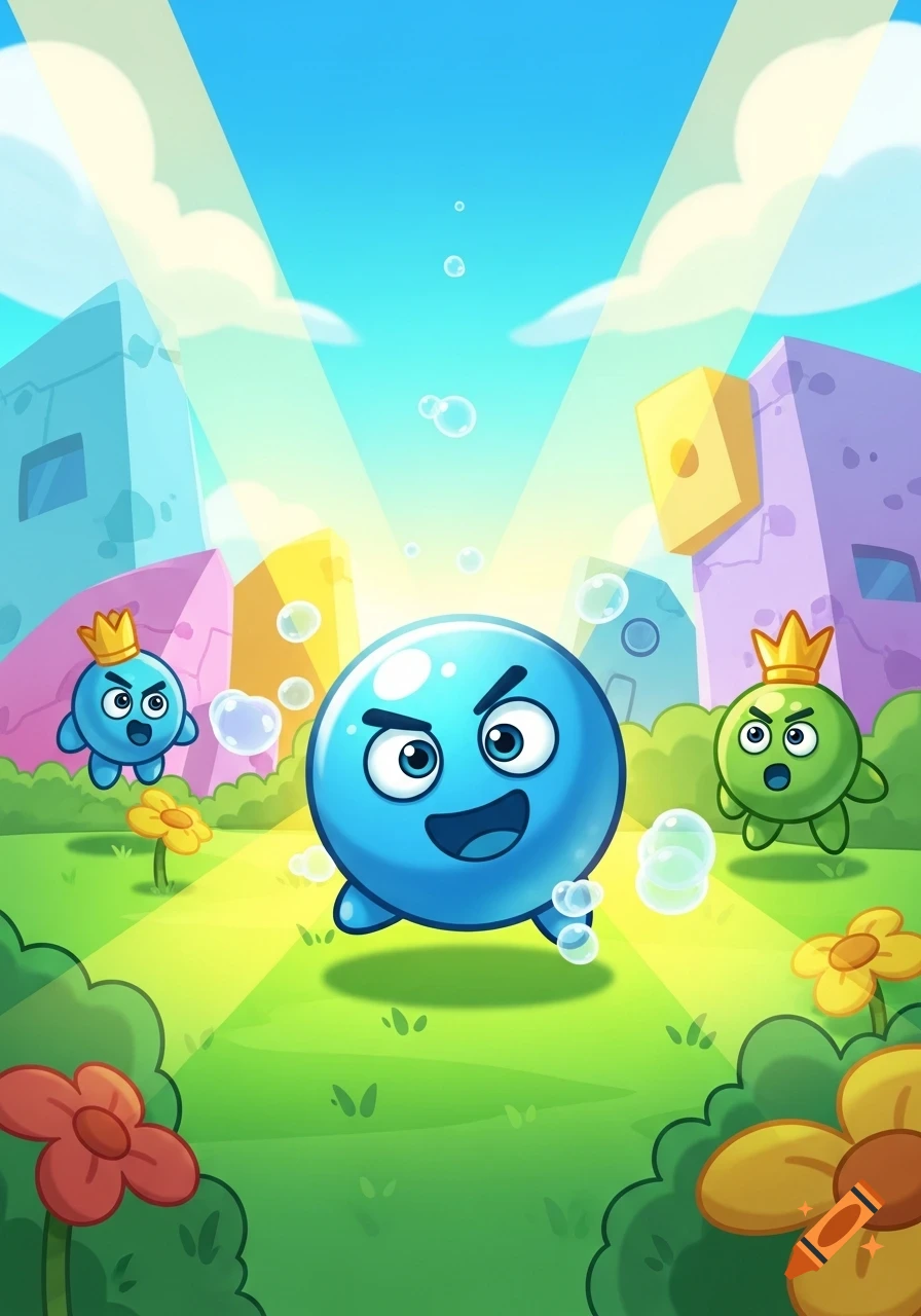 A vibrant cartoon shows a large blue character running, with smaller crowned blue and green characters observing, set in a colorful fantasy landscape.