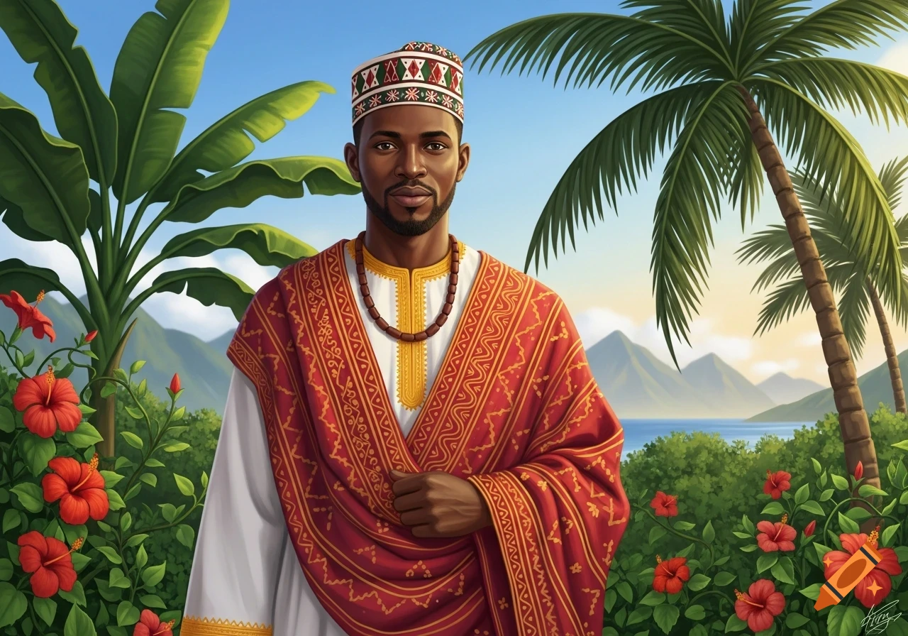 A Comorian man in traditional red, white, and gold attire stands in a vibrant tropical landscape with hibiscus flowers, palm trees, and mountains.