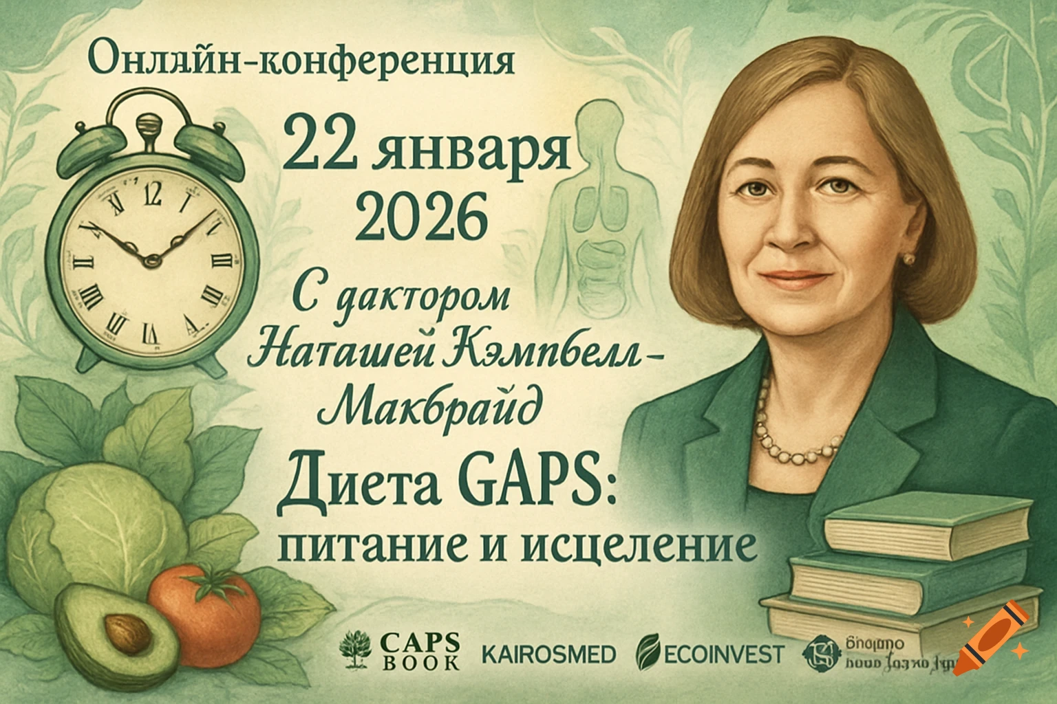 A poster for an online conference featuring Dr. Natasha Campbell-McBride on the GAPS diet, with an alarm clock, vegetables, and books, in an illustrative style.
