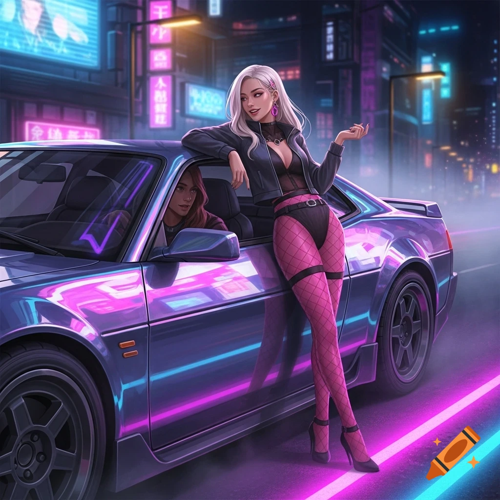 An anime-style woman in a black jacket and pink fishnet stockings leans on a purple sports car in a neon-lit cyberpunk city at night.