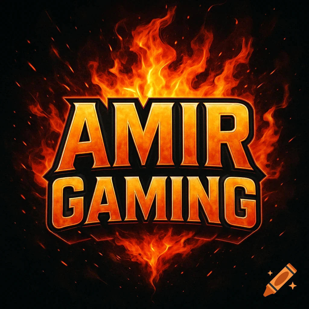 A bold, orange and black gaming logo for 'AMIR GAMING' with dynamic fire and sparks on a dark background.