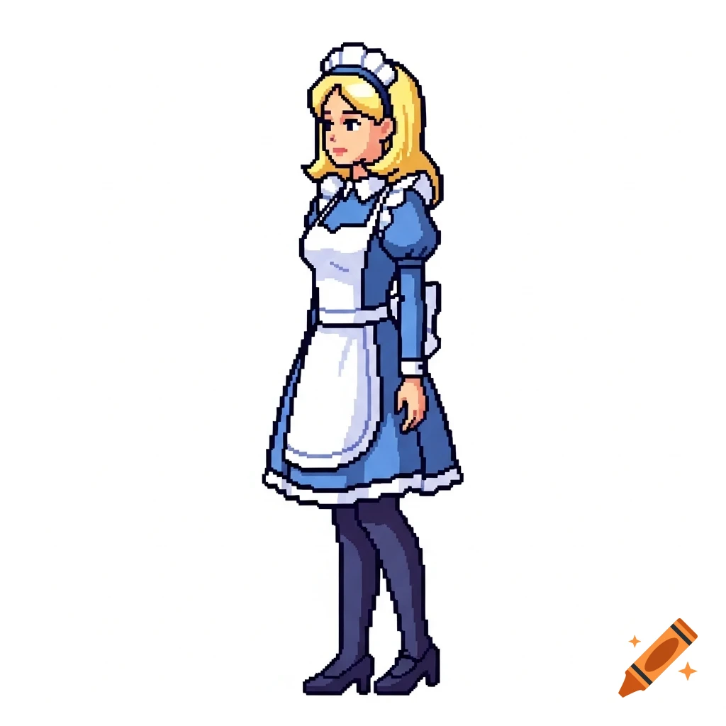 Full body pixel art of a blonde maid in a blue dress and white apron, seen from a three-quarter view facing left.