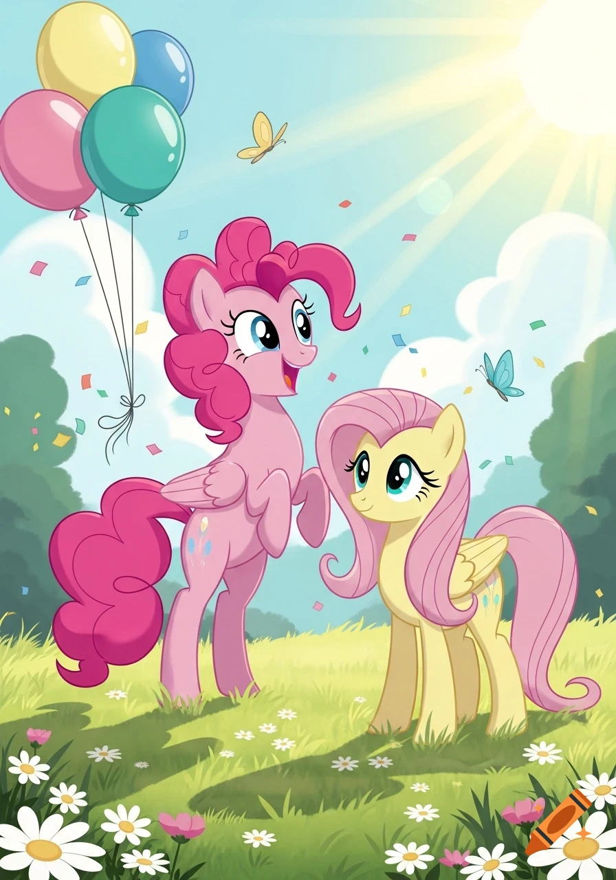 Pinkie Pie and Fluttershy stand in a sunny field with balloons, butterflies, and flowers in a vibrant cartoon style.