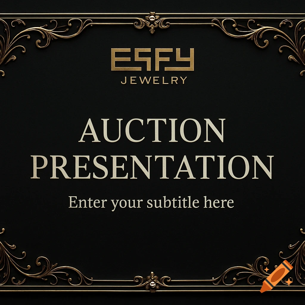 A black presentation slide template with a gold ornate frame and the text "ESFY JEWELRY", "AUCTION PRESENTATION", and "Enter your subtitle here" in gold.