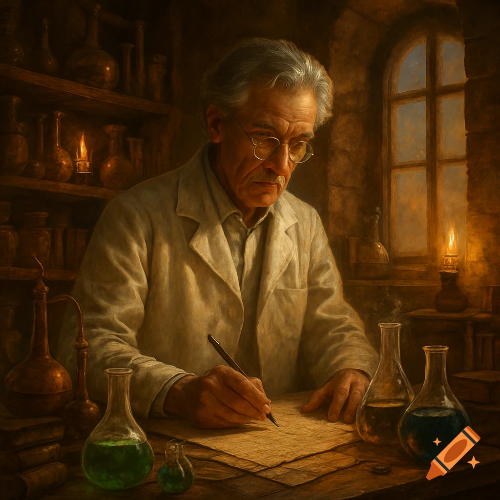 An old scientist in a lab coat writes notes at a wooden desk, surrounded by beakers with colorful liquids, in a dimly lit, old-fashioned laboratory.