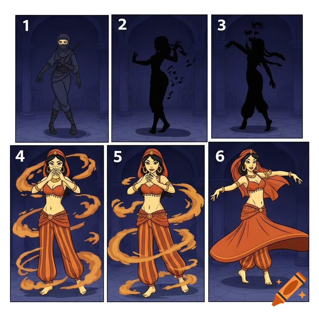 A six-panel comic in 90s Disney's 2D Aladdin style depicting a ninja woman transforming into a belly dancer surrounded by smoke.