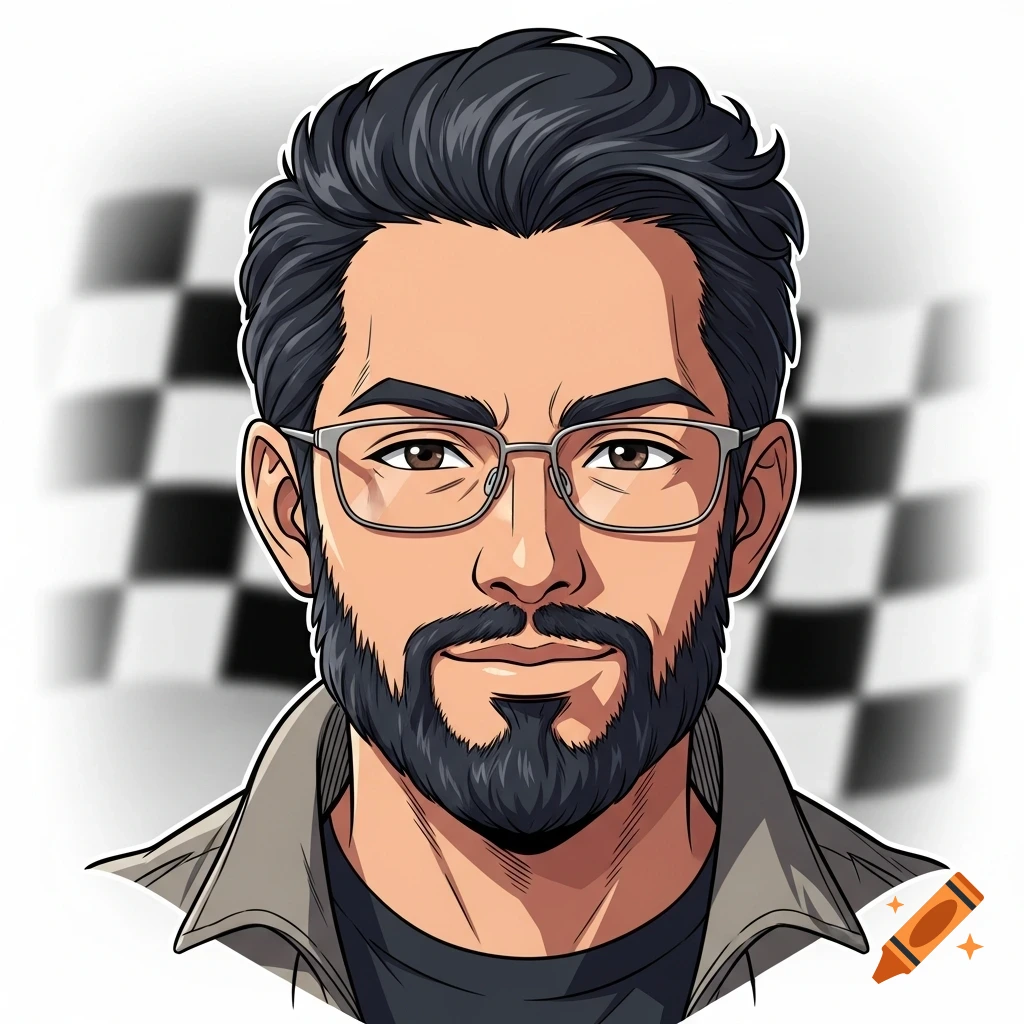 Anime-style avatar of a man with dark hair, full beard, glasses, and a calm expression, against a blurred checkered background.