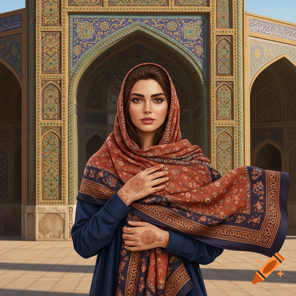 Photorealistic portrait of an Iranian woman in a blue dress and ...