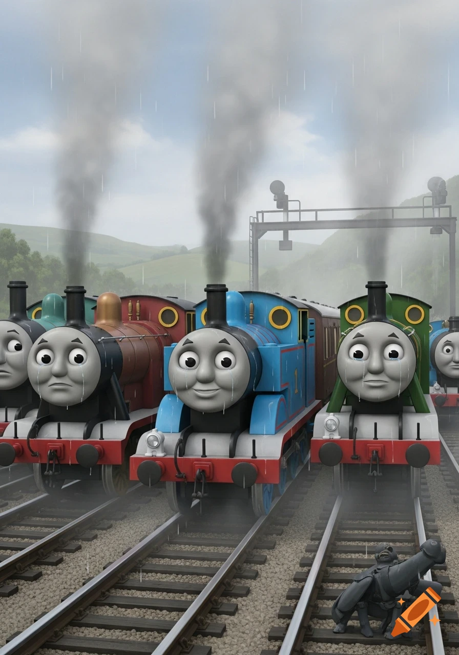 Blue Thomas the Tank Engine and other anthropomorphic trains look sad in the rain on railway tracks.