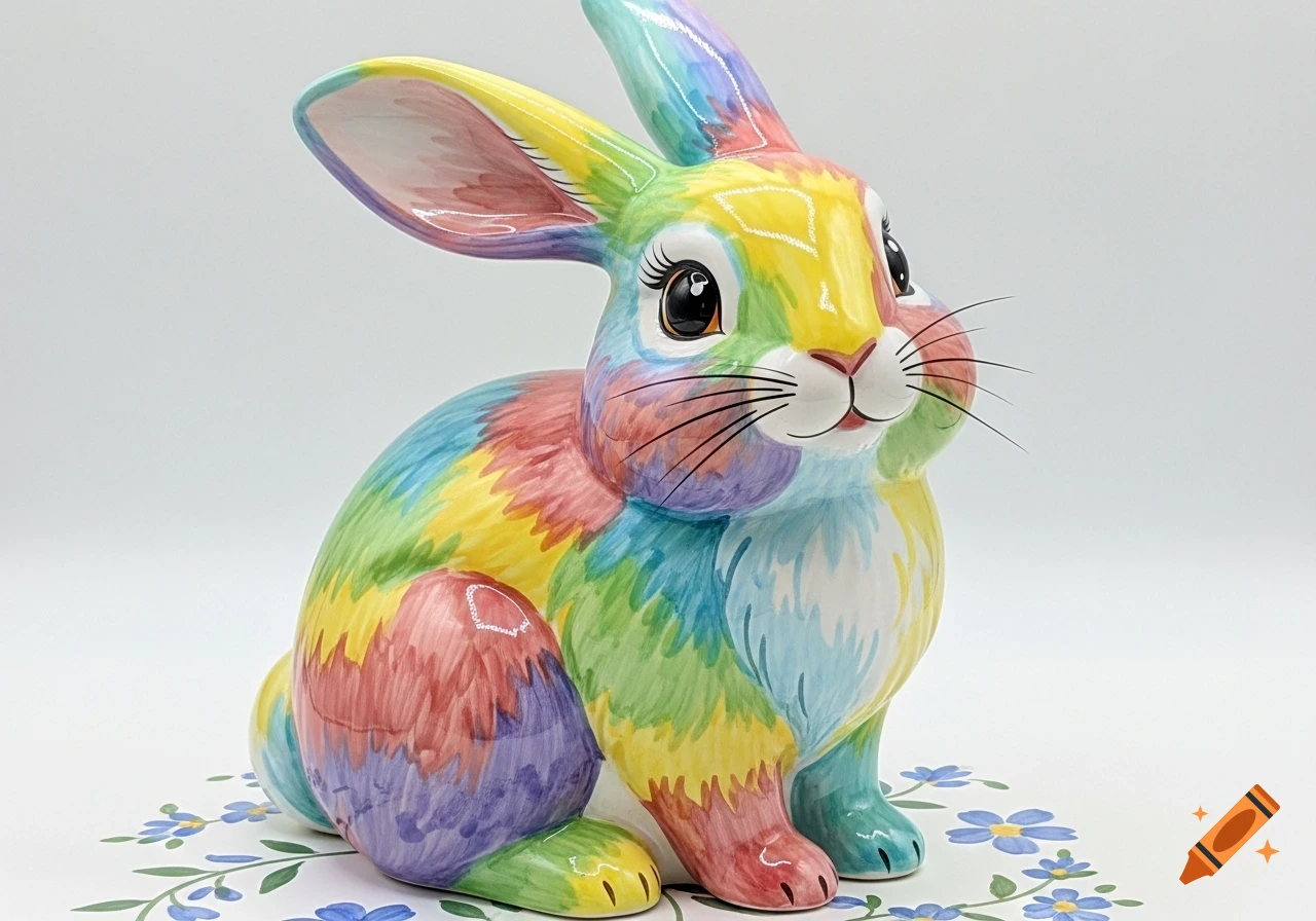 A vibrant, multicolored ceramic bunny statuette with big eyes and whiskers, sitting on a white surface with blue floral patterns.