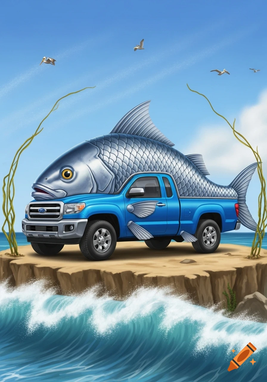 A blue pickup truck with a large fish for a body parked on a small island above ocean waves, in an illustration style.