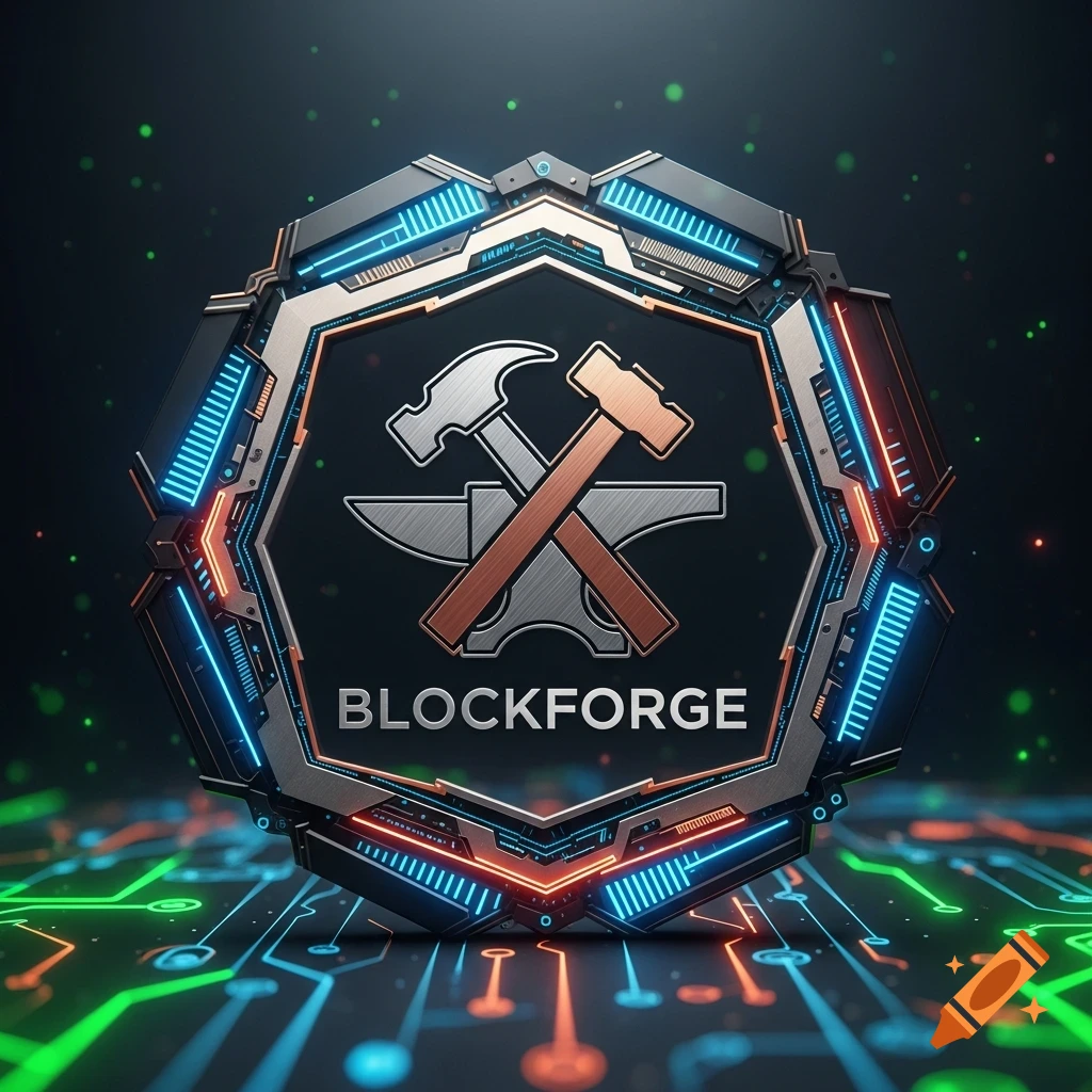 A futuristic hexagonal logo featuring a crossed hammer and anvil, with the text 'BLOCKFORGE' below, set against a glowing circuit board background.