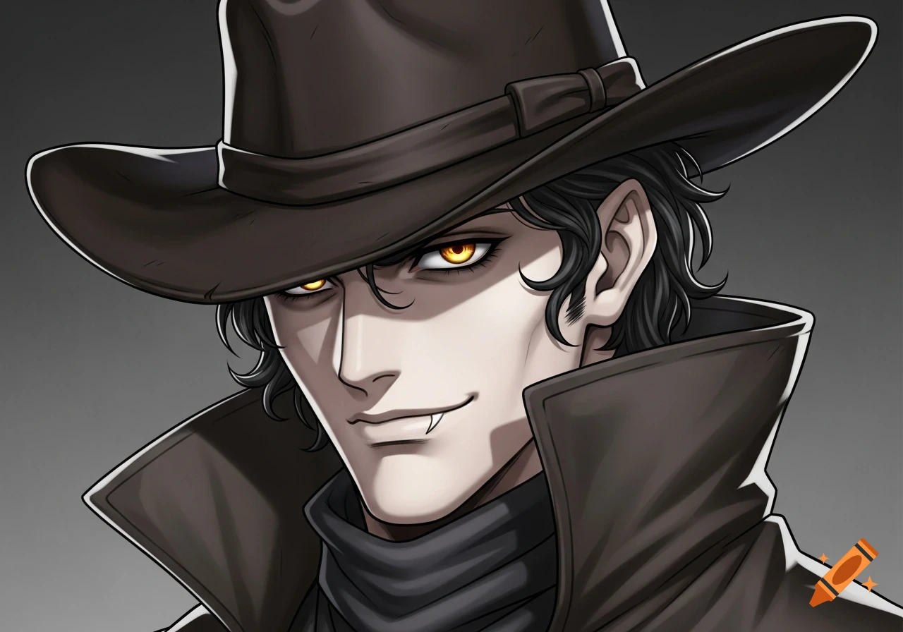 Anime-style vampire wearing a brown cowboy hat and trench coat, with glowing yellow eyes and fangs.