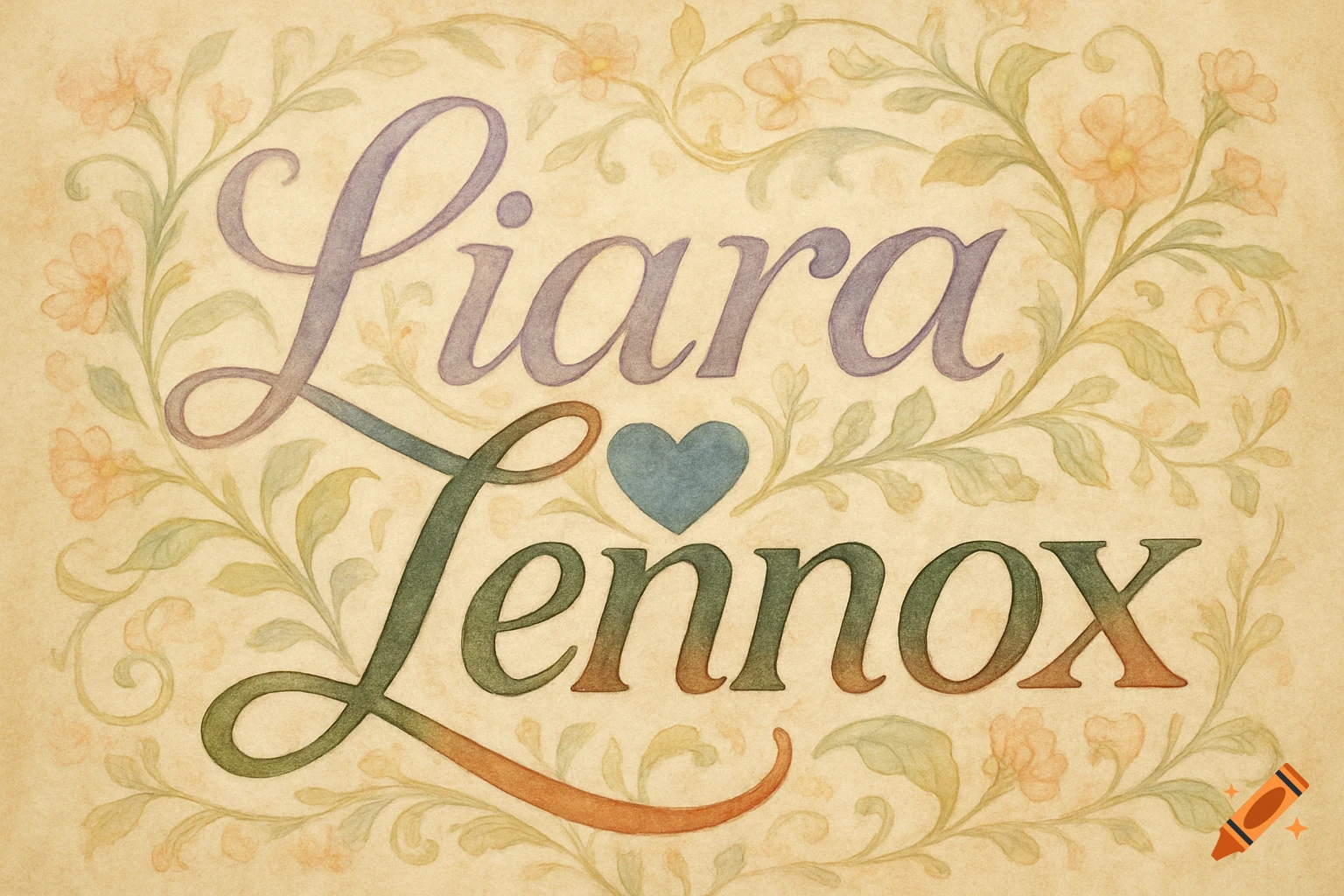 Watercolor calligraphy of "Liara" in lavender and "Lennox" in green, connected by a blue heart and floral vines.