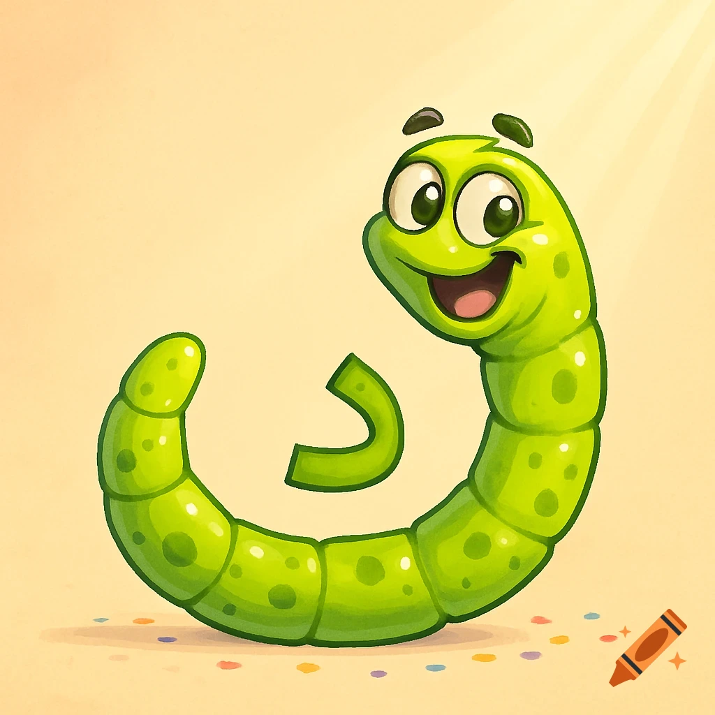 A happy green cartoon worm forms the shape of the Arabic letter 'د' on a light yellow background with colorful confetti.