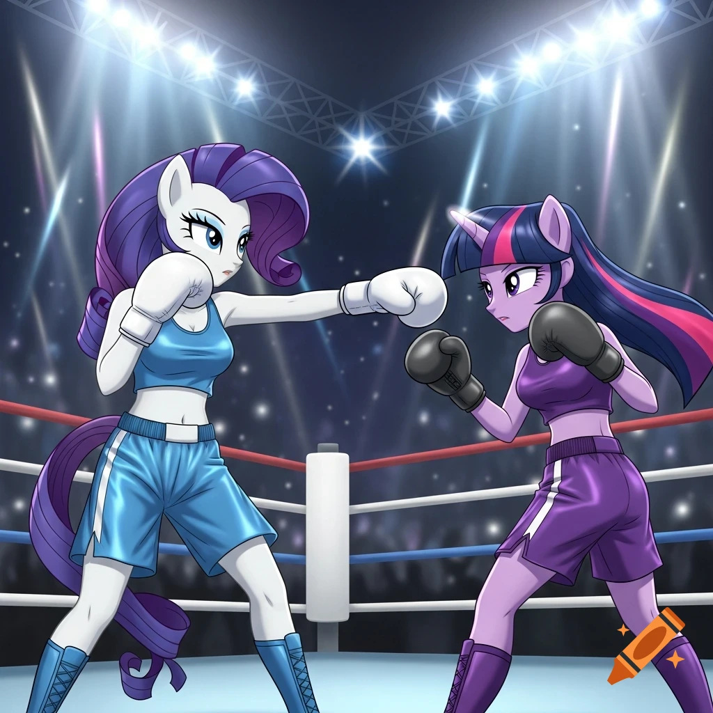 Rarity and Twilight Sparkle, from My Little Pony, boxing in an arena, rendered in anime style.