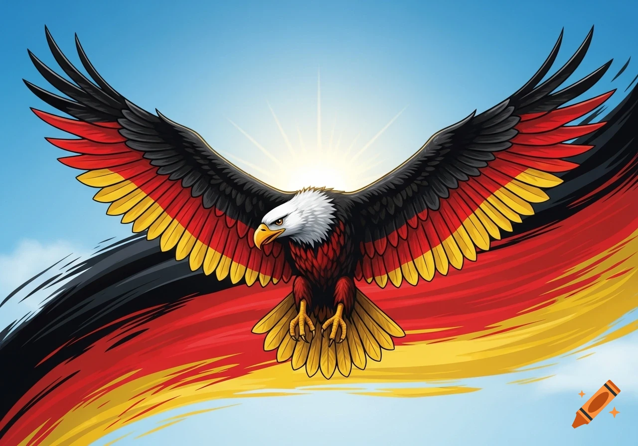 Illustrated bald eagle with outstretched wings colored black, red, and gold like the German flag, flying against a blue sky with a sunburst.